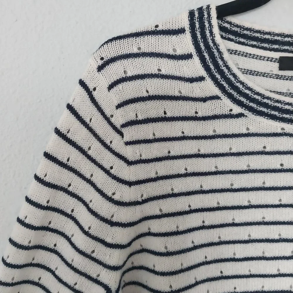J. Crew Navy & Ivory Stripe Crewneck Pointelle Knit Wool/Alpaca Blend Sweater